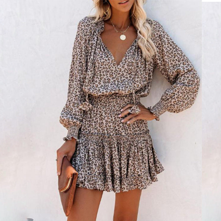 cross-border european and american women's clothing: new autumn color block mini dress with printed design and fashionable cinched waist