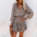 cross-border european and american women's clothing: new autumn color block mini dress with printed design and fashionable cinched waist