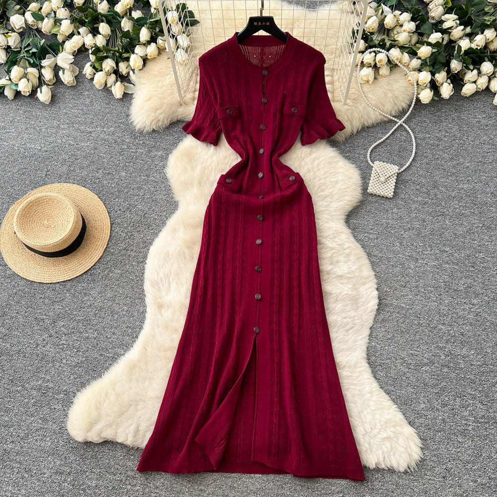 European and american style minimalist elegant knitted dress - women's summer single-breasted hollow-out slimming design - chic long dress