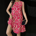 Women's european and american style floral sleeveless solid color round neck ruffle hem casual dress