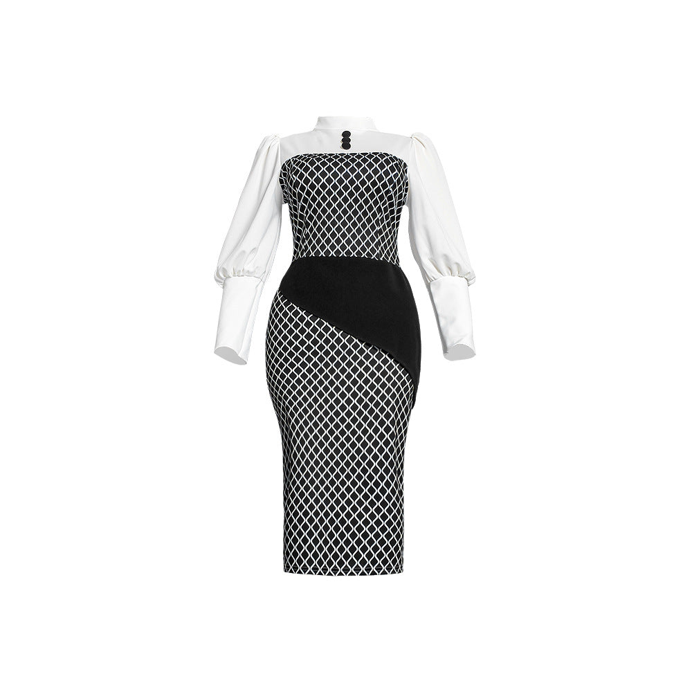 African foreign trade  hot-selling women's fashion plaid patchwork bodycon pencil skirt ol daily commute dress