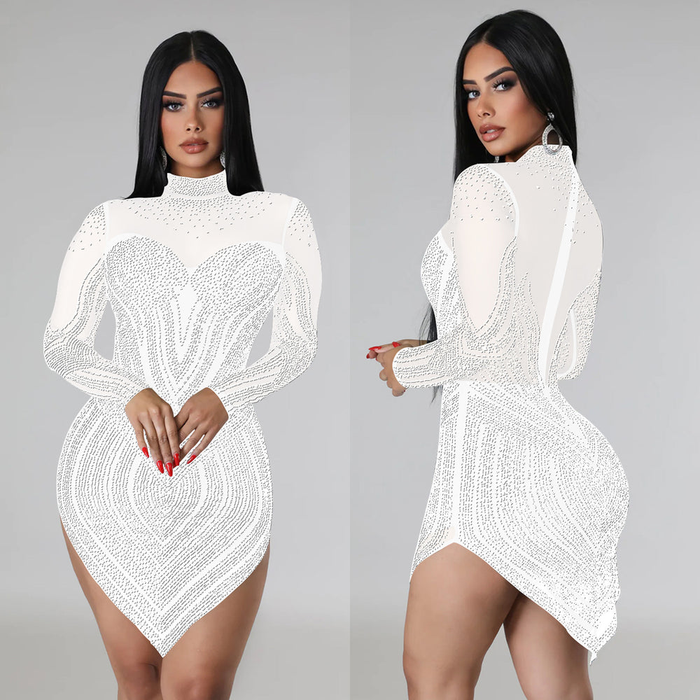 C6371 cross-border   fashion women's solid color mesh rhinestone long sleeve mini dress
