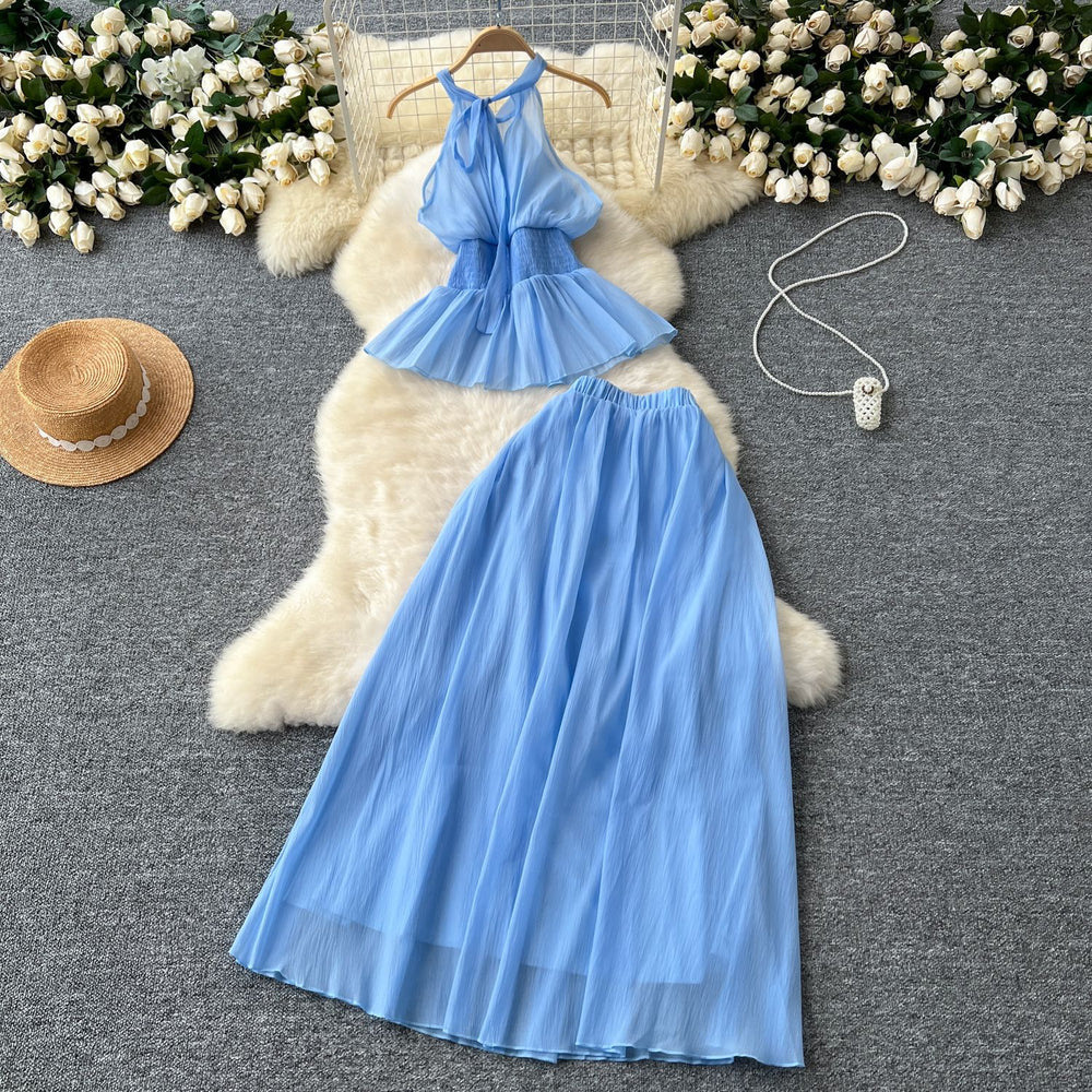Vacation style suit women's summerfrench waist sleeveless haltertopshigh waistslimming look large swing skirt two-piece set