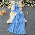 Vacation style suit women's summerfrench waist sleeveless haltertopshigh waistslimming look large swing skirt two-piece set