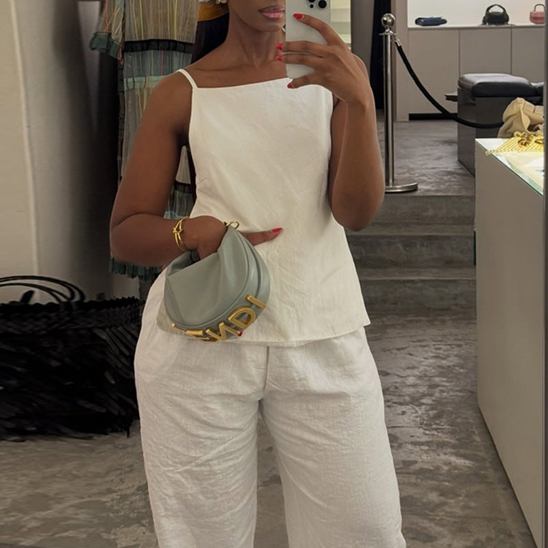 European and american cross-border women's fashion:  summer new collection - stylish white camisole top and wide-leg pants casual set