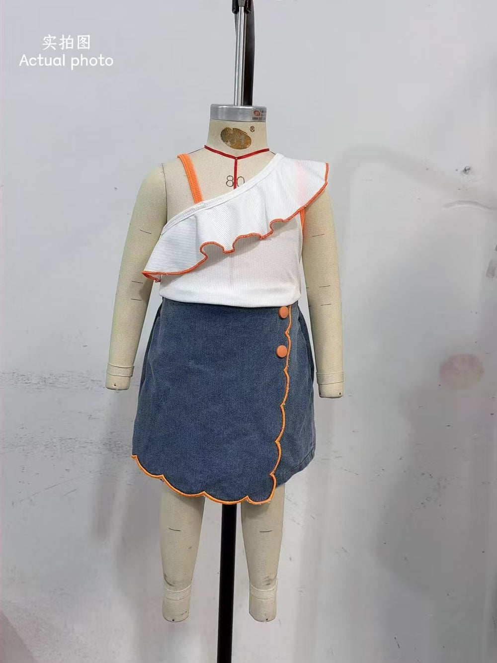 cross-border girls' fashion ruffle one-shoulder cami top + irregular embroidered floral denim jeans two-piece set