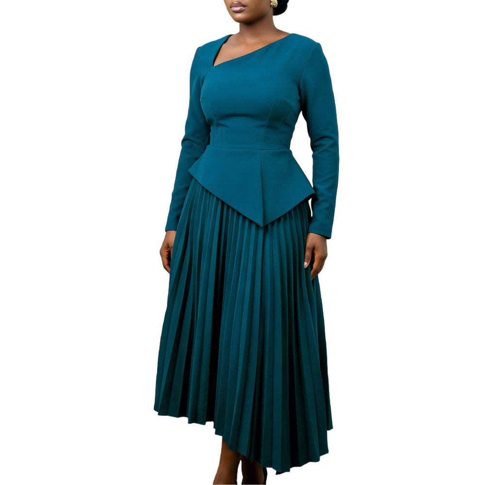 D617 european and american cross-border women's clothing  spring new arrival: elegant asymmetrical neck high-waisted midi dress for export