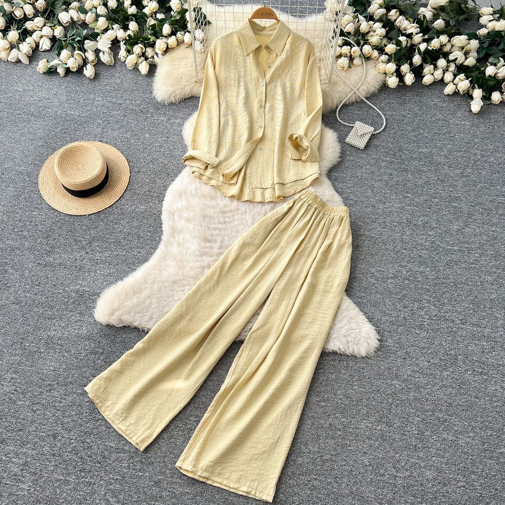 Lazy style sense of design diamond stripesshirtloose pantstwo-piece set women's spring autumwork clothingcasualelegantsuit