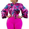 D342 european and american women's clothing  new fashionable elegant slimming printed tie-up shirt plus size african export blouse