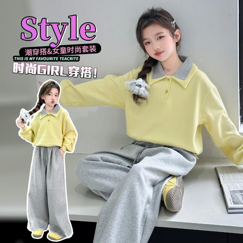 Girls'  spring/autumn new arrival: versatile casual loose-fit sweatpants set - two-piece outfit with floor-length straight-leg pants