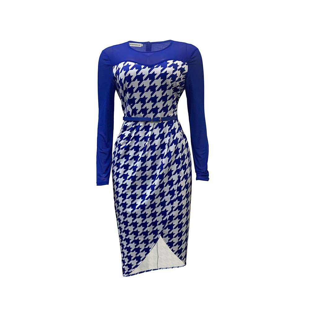 D223: plus size fashionable printed patchwork mesh office dress with belt - european & american style, perfect for cross-border e-commerce