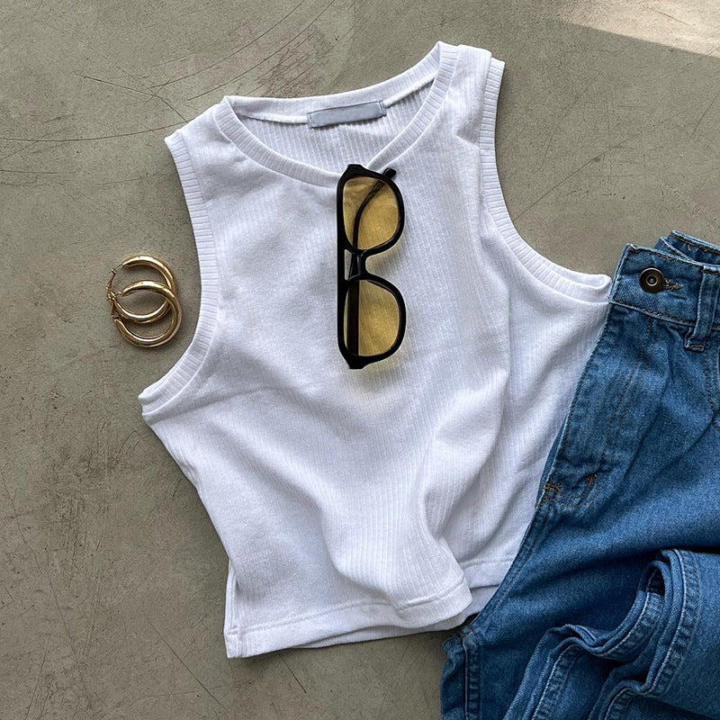 Hk3015 white tank top - european & american style, fresh, sweet, sexy, round neck tank top for export