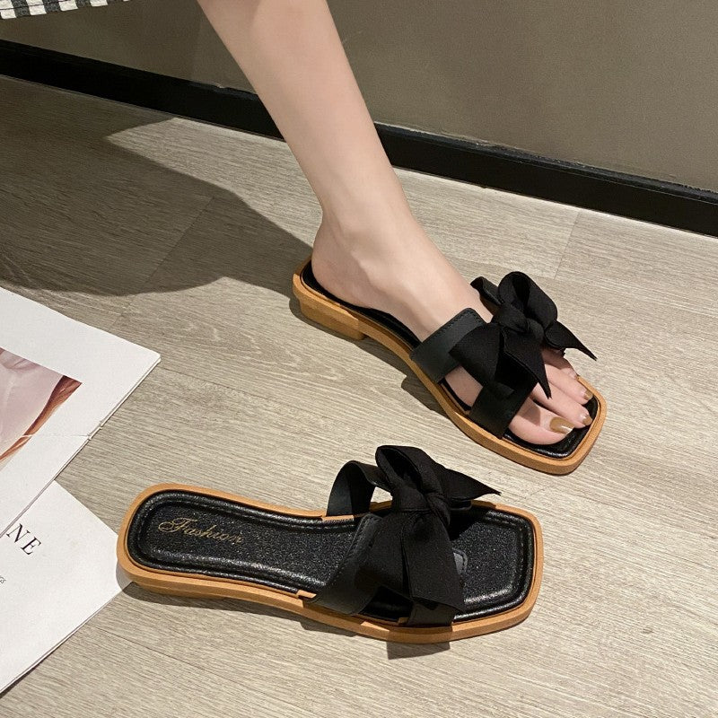 Popular square-toe bows slippers for women, summer outing, fashioneasiest for match low-heeled non-slip soft bottom outwear sandals