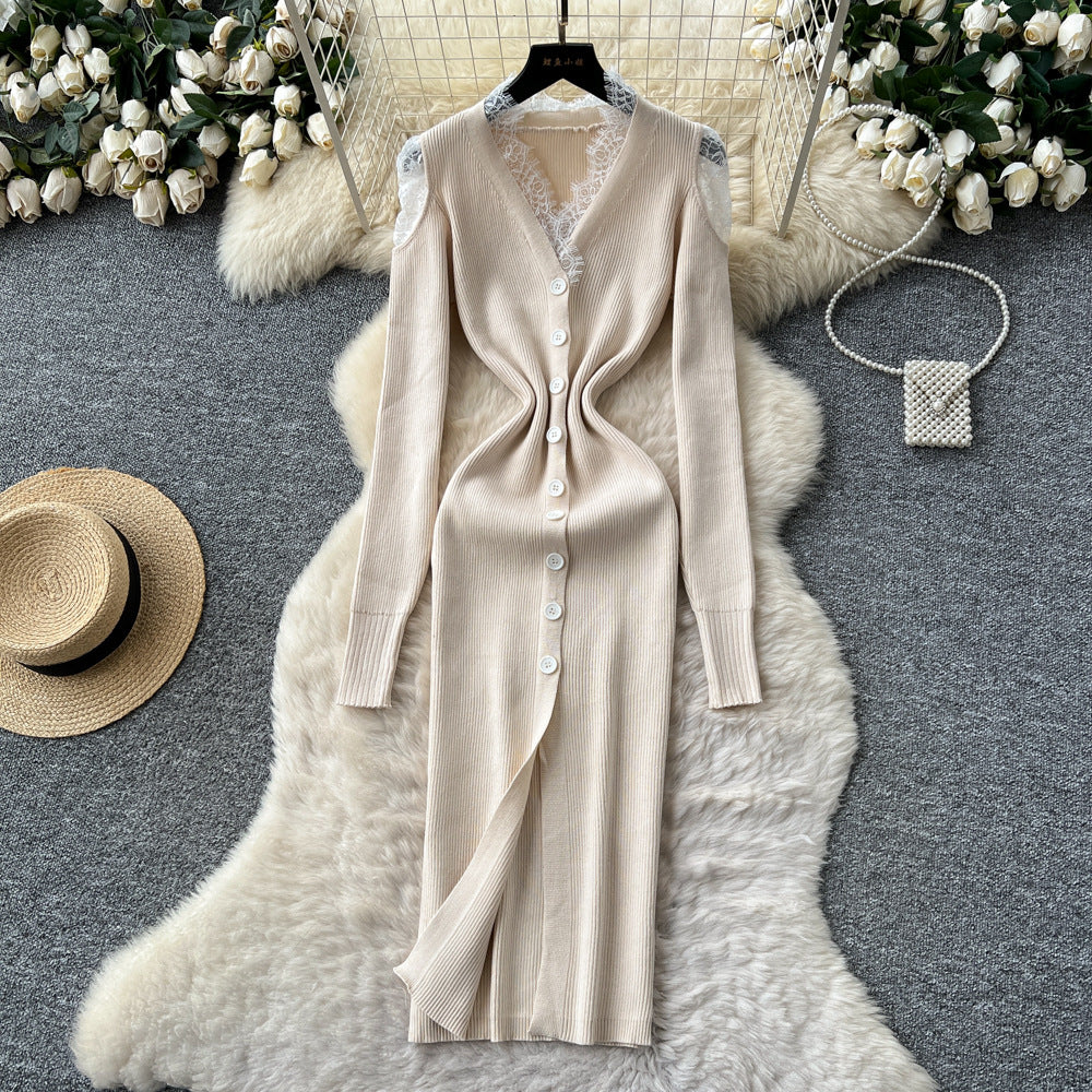 Celebrity niche style goddess style sexyv necklacepatchwork single breasted silmslimming look slit knittingdress female