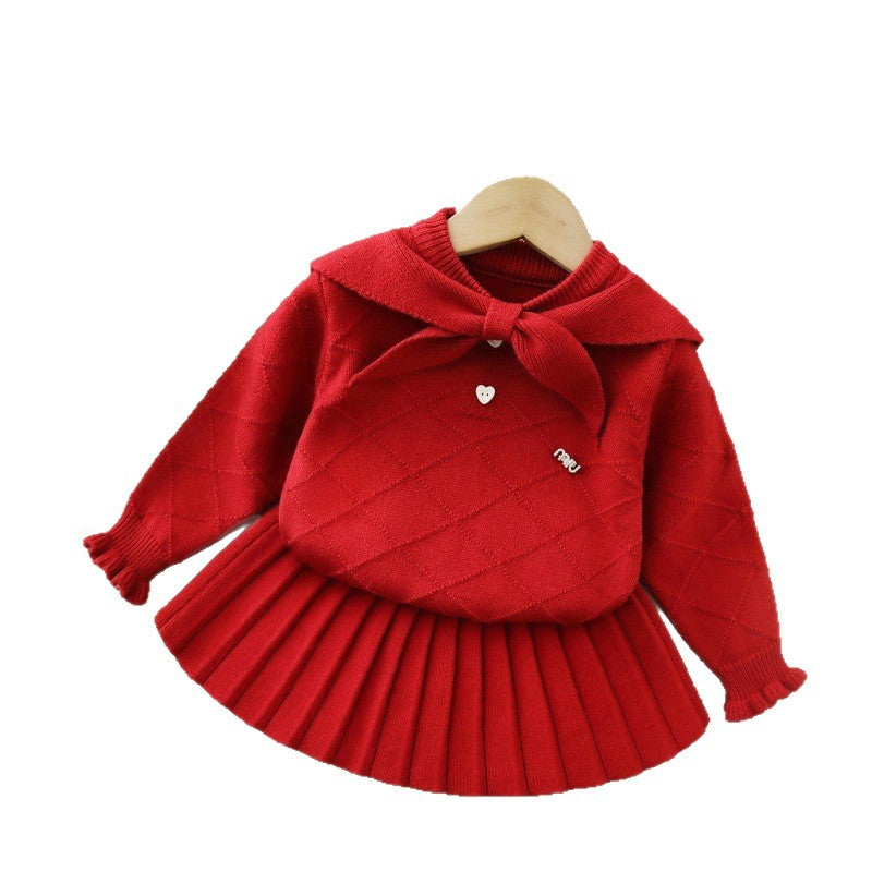 Girls' knitted sweater dress set - new autumn  collection: navy collar two-piece set, preppy style