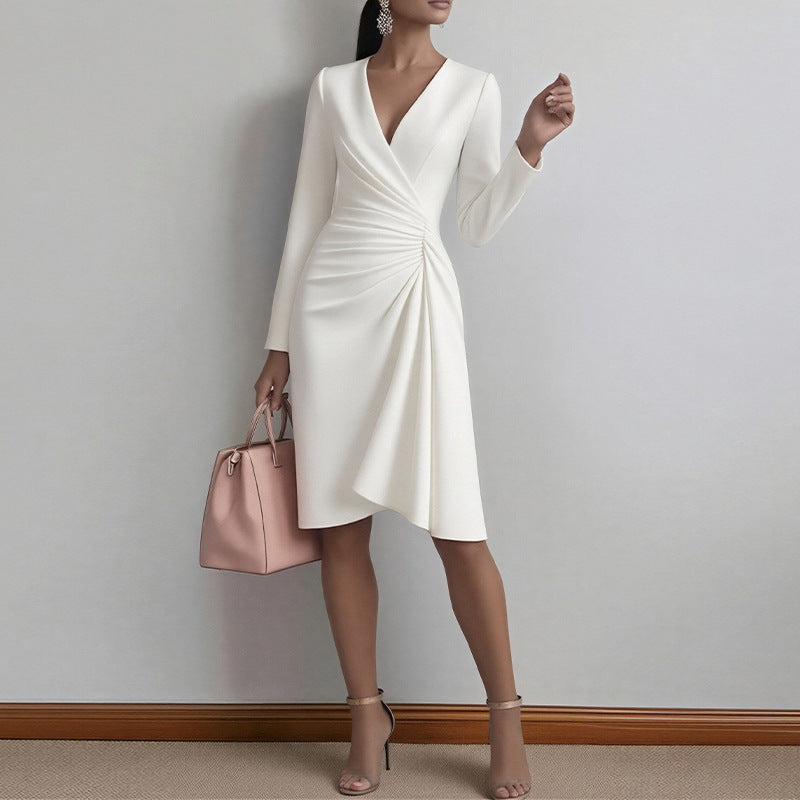 women's summer dress - european & american cross-border fashion - high-quality, textured, pleated solid color dress