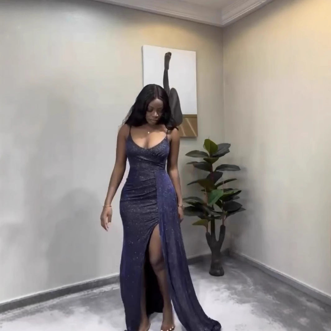 European and American style fashion new product flash suspender low-cut sexy irregular hip-wrapped dress women's clothing