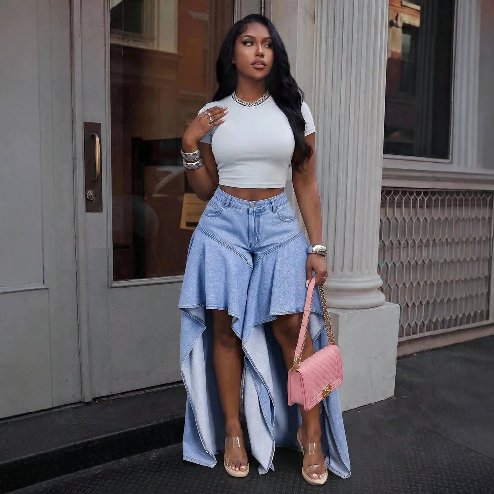 Fashionjeans women's light blue fishtail slit ruffles wide-leg pants high waistasymmetricalmop denim pants