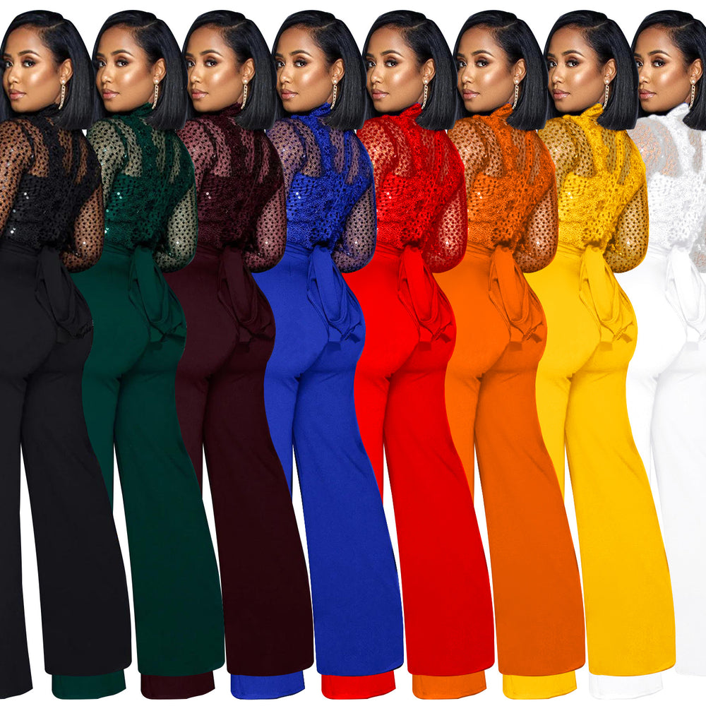 X6053 cross-border   fashion women's hollow-out see-through long sleeve pants tie-up jumpsuit