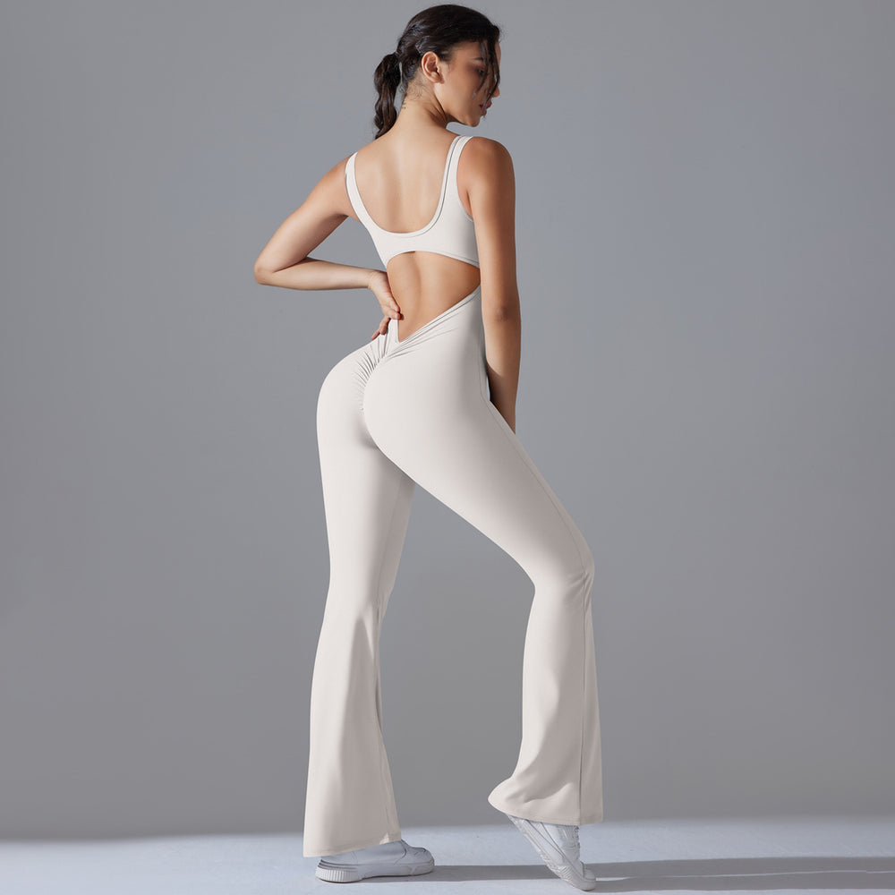 New arrival cross-border pure color beautiful back hip lifting longsilm wide leg jumpsuit sports running fitness jumpsuit yoga wear