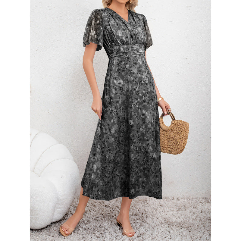 cross-border code new arrival  original women's elegant v-neck printed fitted dress