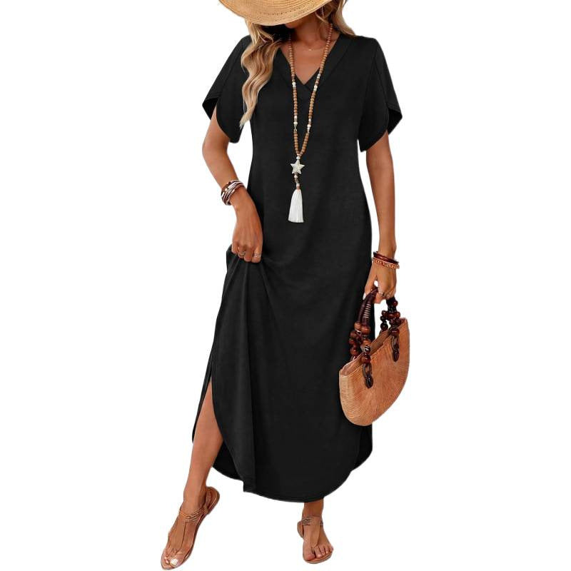 Amazon short-sleeve dress v-neck tank dress  summer new arrival side slit casual beach dress