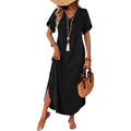 Amazon short-sleeve dress v-neck tank dress  summer new arrival side slit casual beach dress
