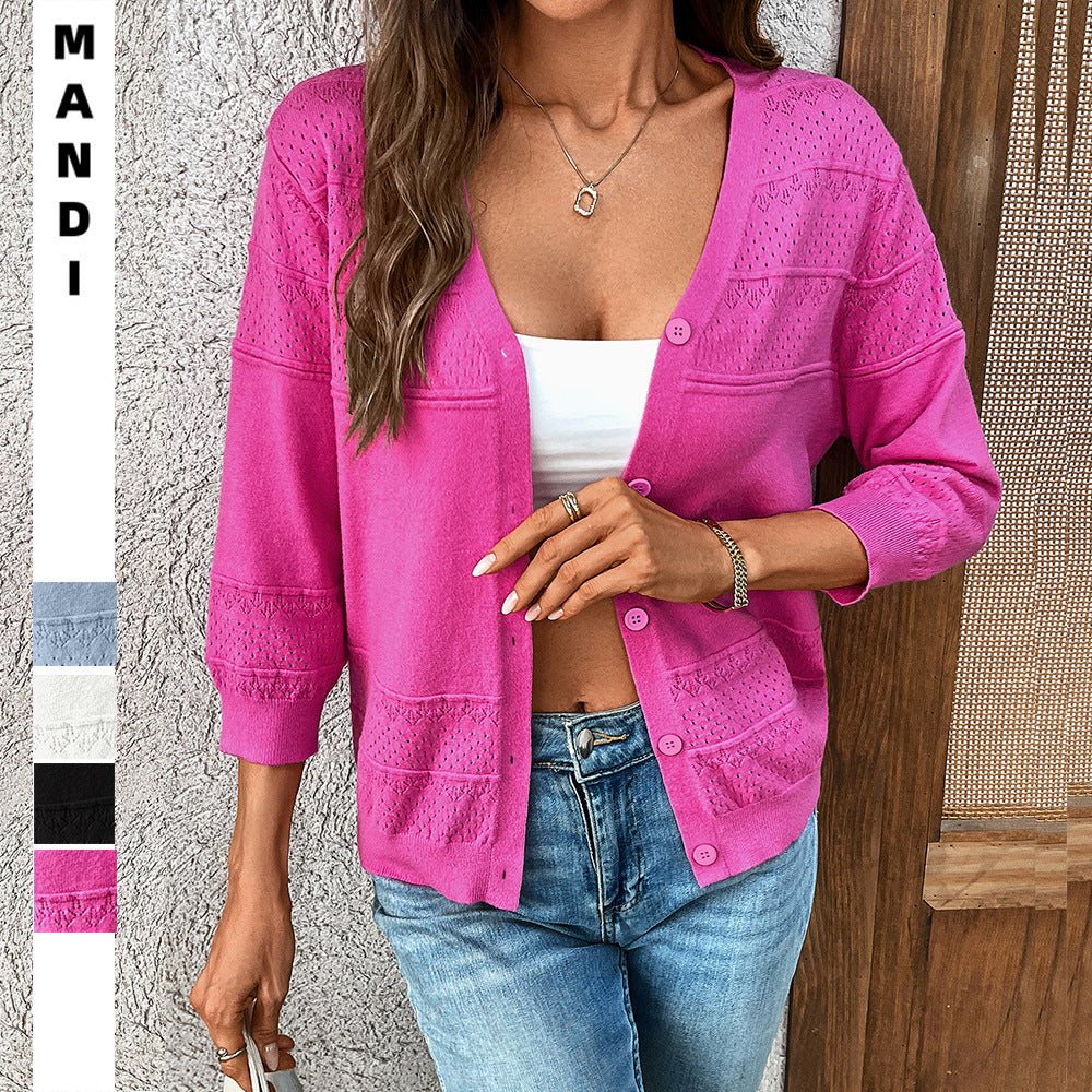 Europe, America,   women's clothing 2025 summer thin shawl seven-quarter sleeve hollow-knit V-neck cardigan