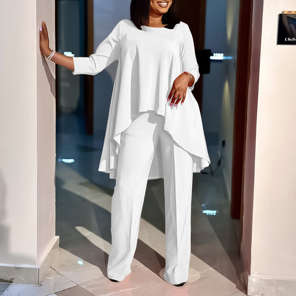 C8625  foreign trade women's fashion loose asymmetrical top and pants set - elegant african two-piece outfit