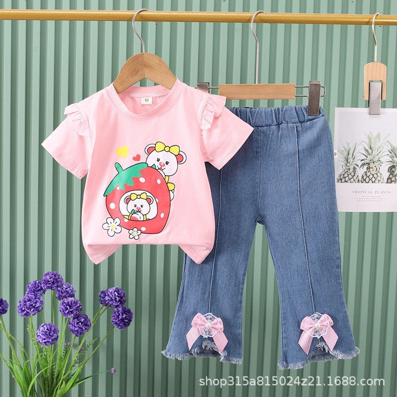 New girls' summer outfit: cartoon cute pattern short-sleeve top + bowknot denim shorts two-piece set - wholesale