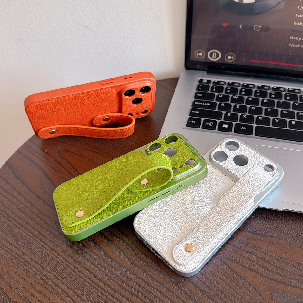 Suitable for apple 16promax to turn into 17 small v pattern plain leather wristband mobile phone case iphone17pro anti-fall case 14