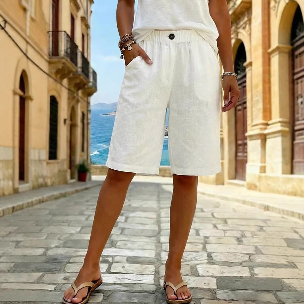 european and american  new women's faux cotton linen shorts - summer casual everyday mid-rise solid color shorts