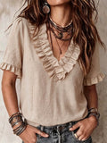 Plus size bohemian style blouse - textured linen fabric, double-layered ruffle v-neck, lace-trimmed short sleeves, relaxed fit