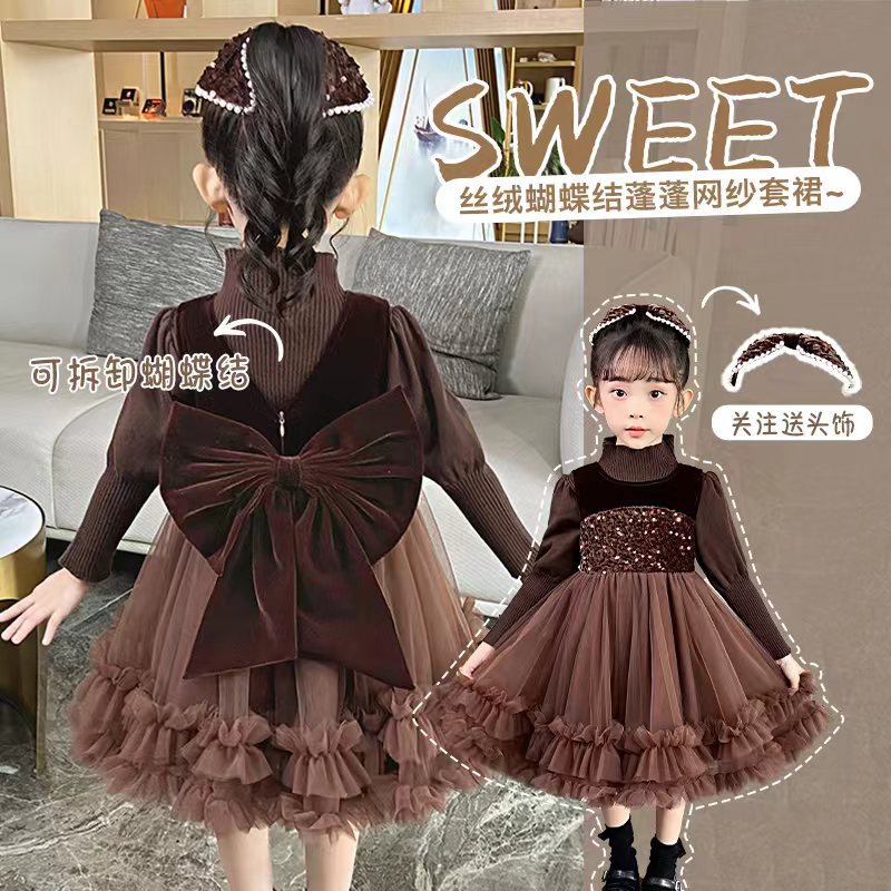 Girls' dress autumn/winter new arrivals  kids' knitted sweater little girl mesh first birthday chic princess dress winter