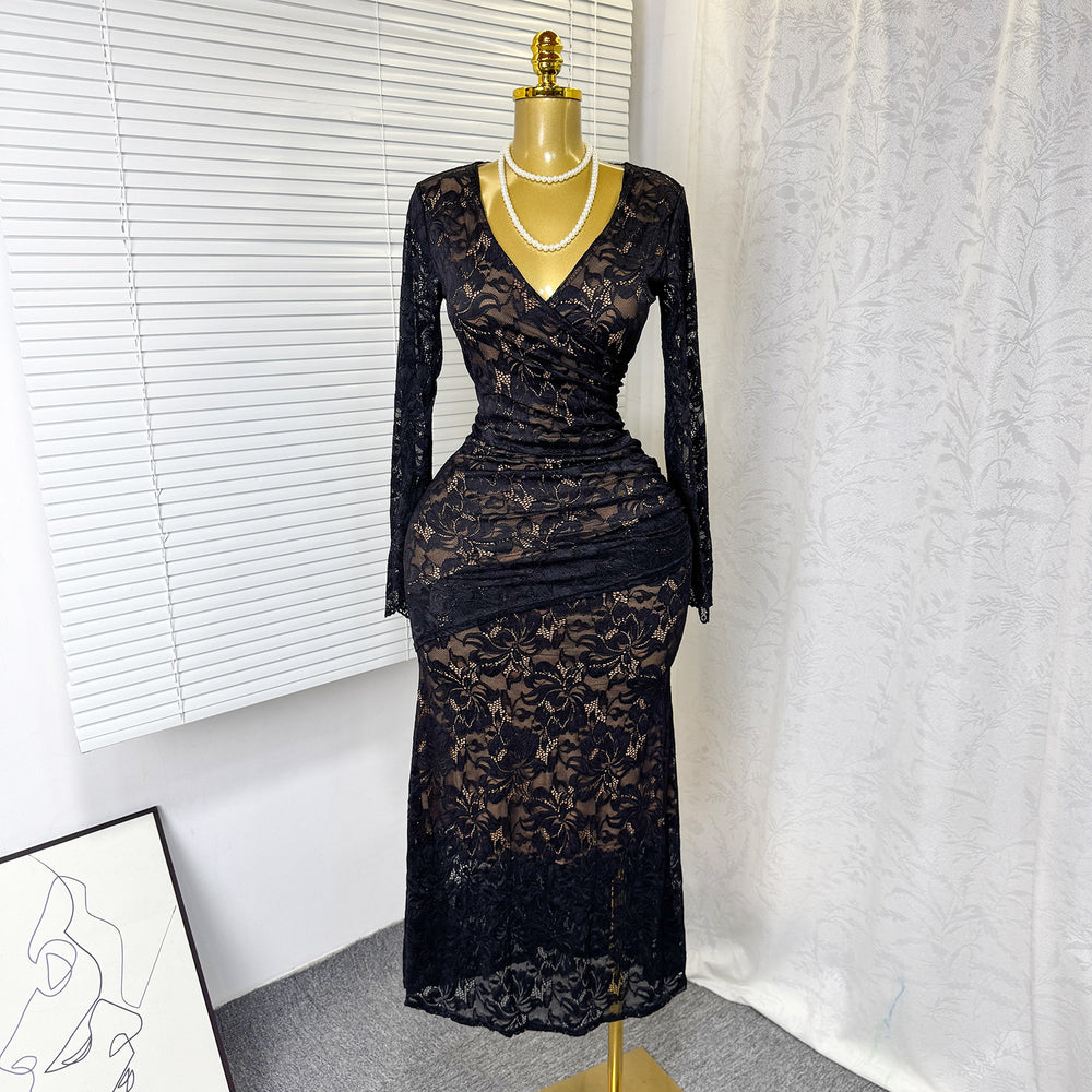 Autumn french chic sexy lace cutout v-neck long sleeve slimming fishtail maxi dress for women (export)
