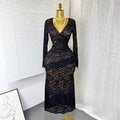 Autumn french chic sexy lace cutout v-neck long sleeve slimming fishtail maxi dress for women (export)