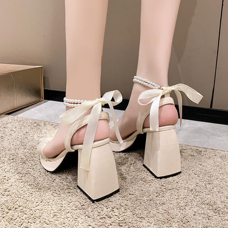 Mesh high heels women's summer 2025 new collection chunky heel crystal french fairy pearl roman sandals - instagram style