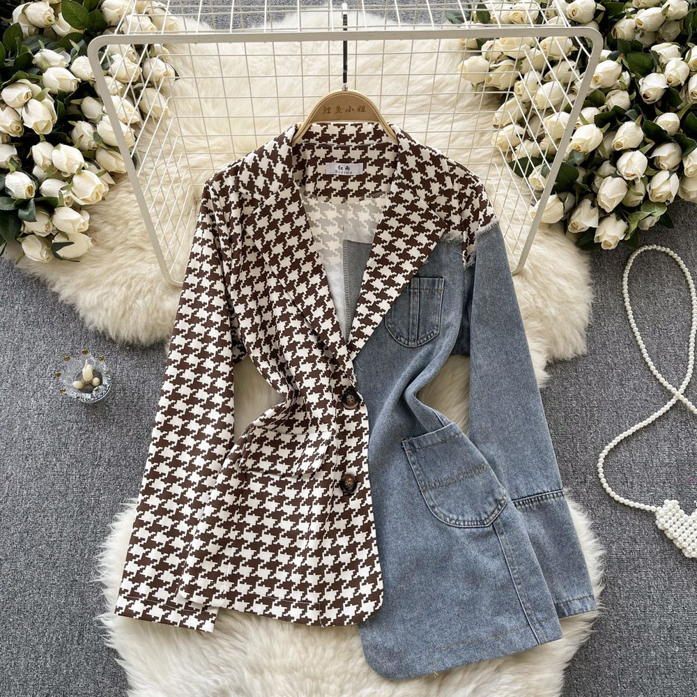 Luxury european and american style blazer for women - irregular patchwork denim design, statement piece, powerful and chic top, trendy