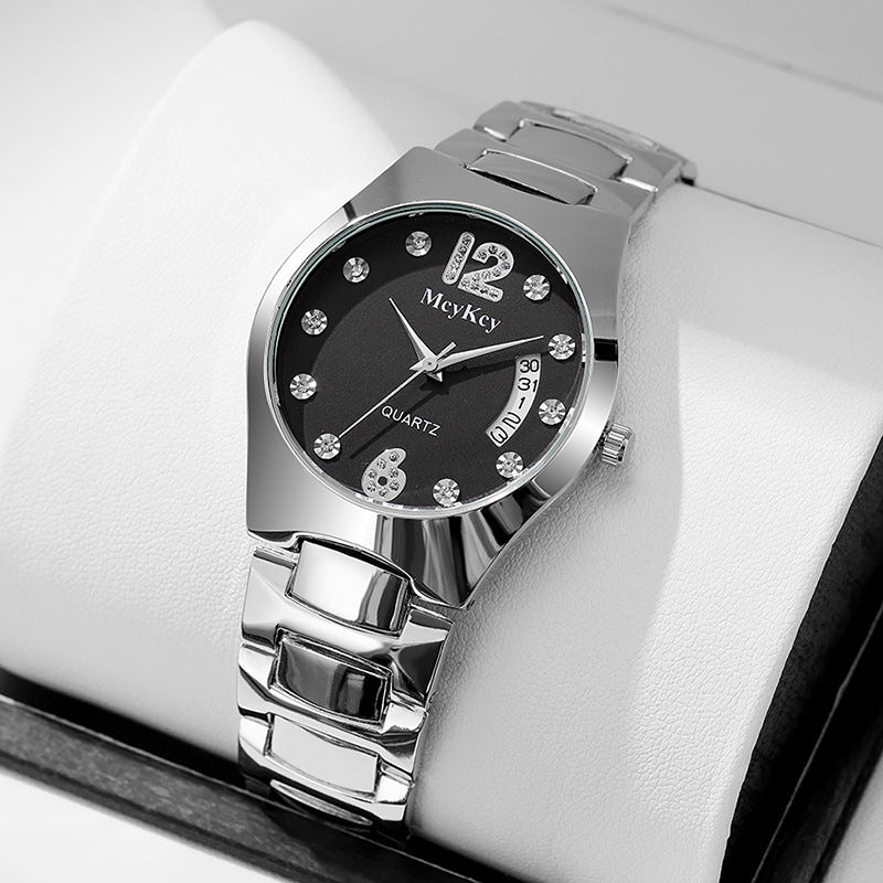 Mcykcy manufacturer's supply list: roman numeral diamond calendar solid tungsten steel two-tone deep waterproof men's watch - silver