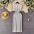 Elegant chanel-inspired striped dress - women's summer high-end fashion casual long knit vest dress