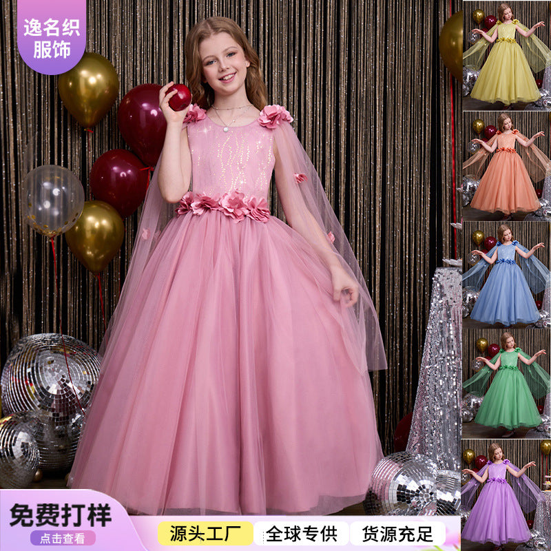 Custom-made girls' tulle dress, longline bow detail, children's princess gown with shawl, elegant european and american style, cross-border e-commerce