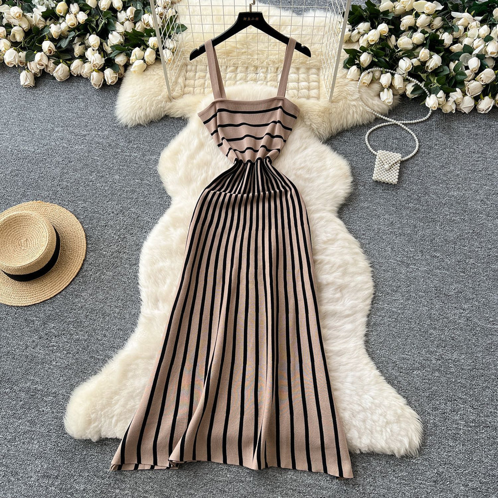 Feminine and chic:  summer fashion color-block knit midi dress - figure-flattering, slim-fit camisole dress