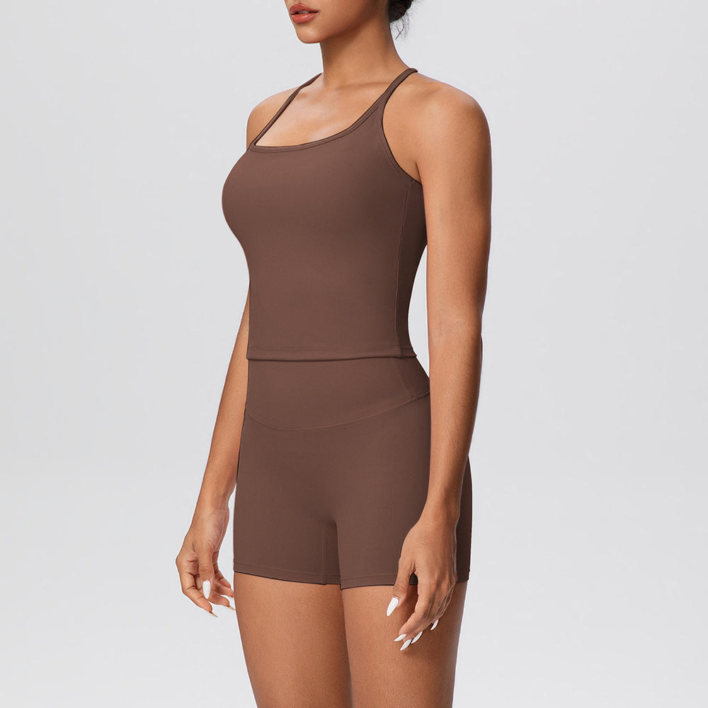 brushed back tight racerback high waist yoga suit sports running fitness shorts suit for women