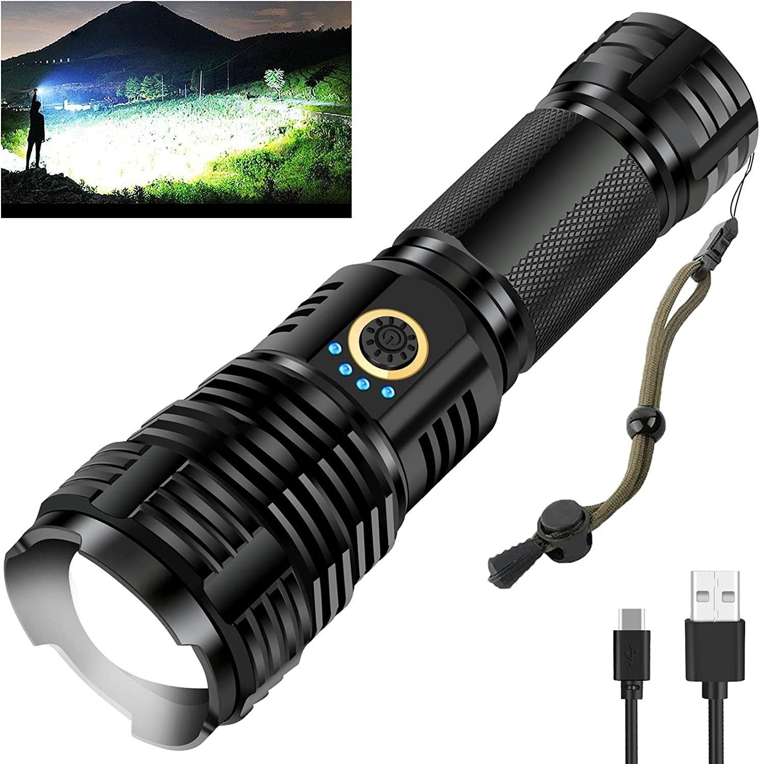 Cross-border XHP70.2 strong light flashlight USB charging screen display zoom long-range high-power super bright LED flashlight