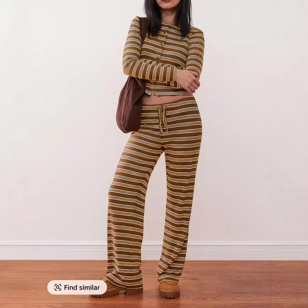 fashionplaidcasualstripes single-breasted long sleevescardiganpantssuit for women