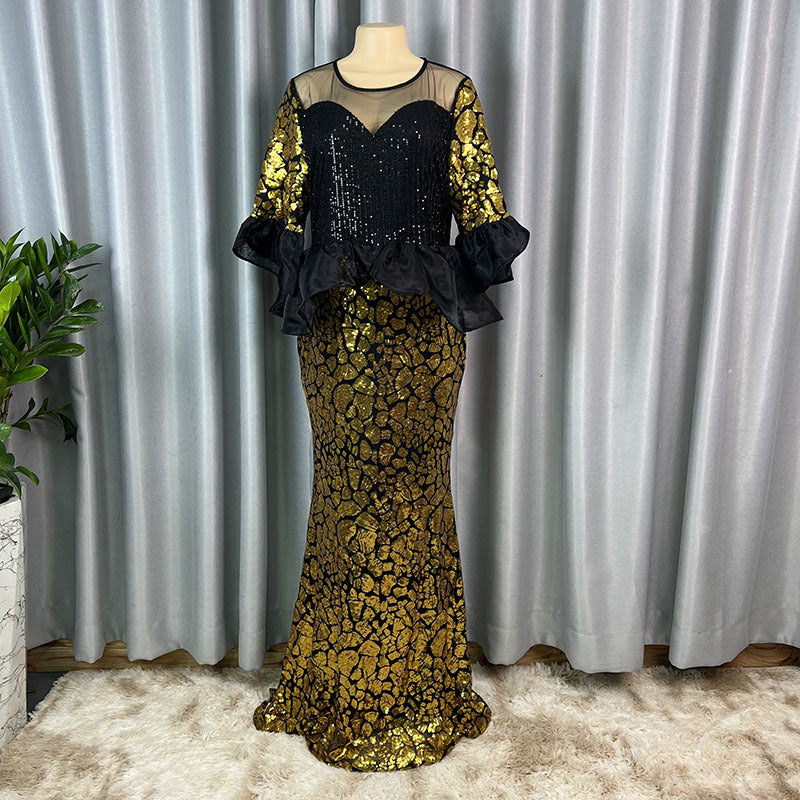 Plus size elegant sequin dress - slim fit, cinched waist, mid-sleeve - perfect for parties, performances, and hosting. cross-border sourcing, direct from the factory