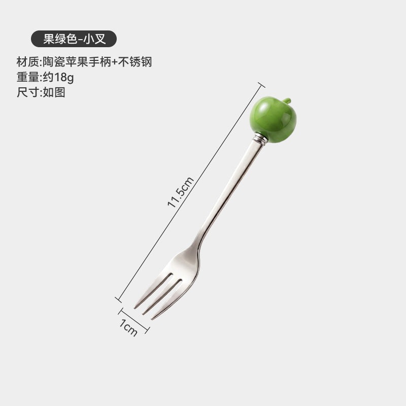Colorful apple fork and spoon set - creative spoons with stainless steel and ceramic handles for fruit, coffee, cake, and desserts - wholesale