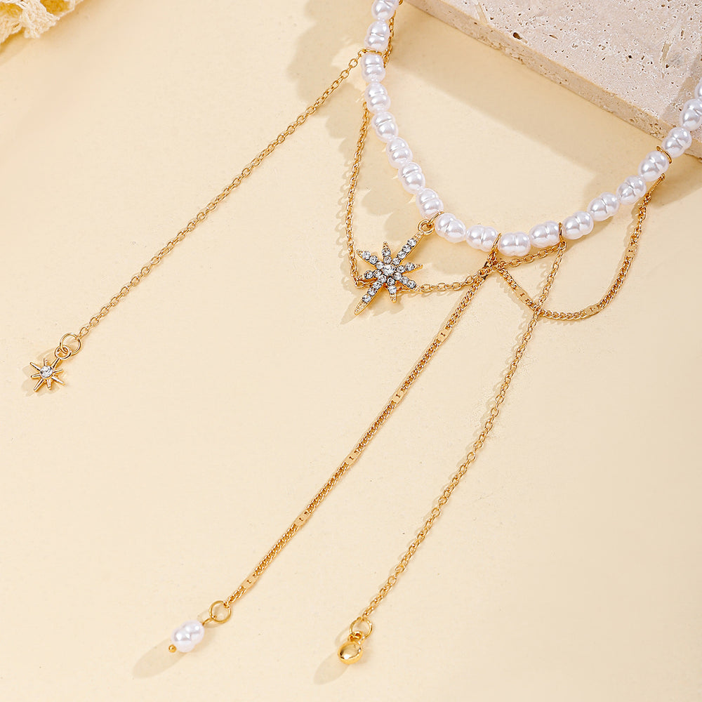 Bohemian pearl necklace wholesale fashion cross-border hot style jewelry stylish tassel alloy six-pointed clavicle chain for women