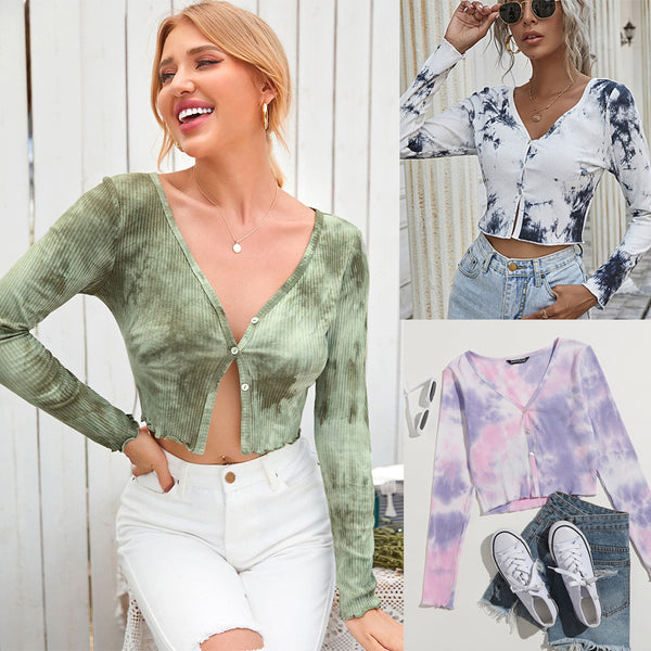 2024 spring new European and American fashion tie-dye long-sleeved cardigan T-shirt, casual versatile slim and thin V-neck women's T-shirt