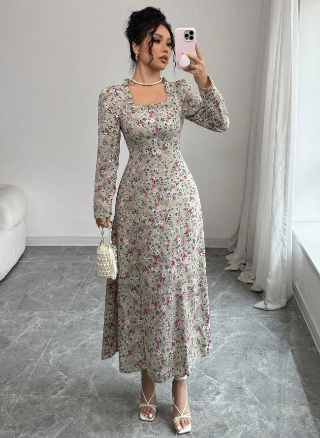 Plus size long french retro floral dress - spring/autumn  - slimming, figure-flattering, fishtail maxi dress with cinched waist